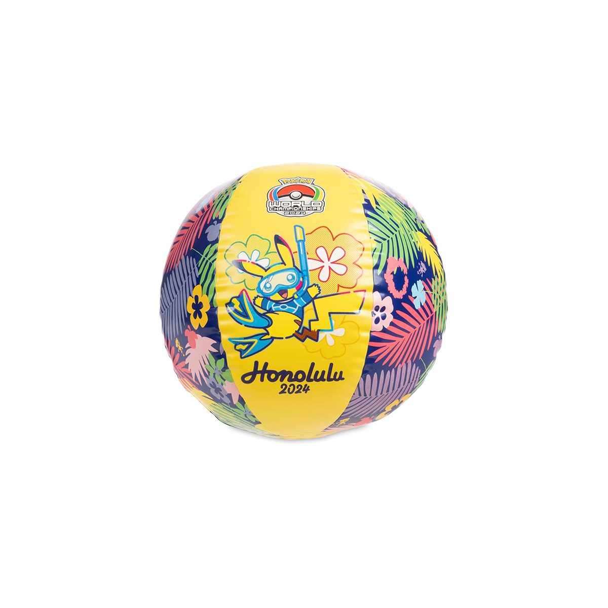 2024 WCS PVC beach ball with Pikachu in snorkel gear and tropical floral patterns.