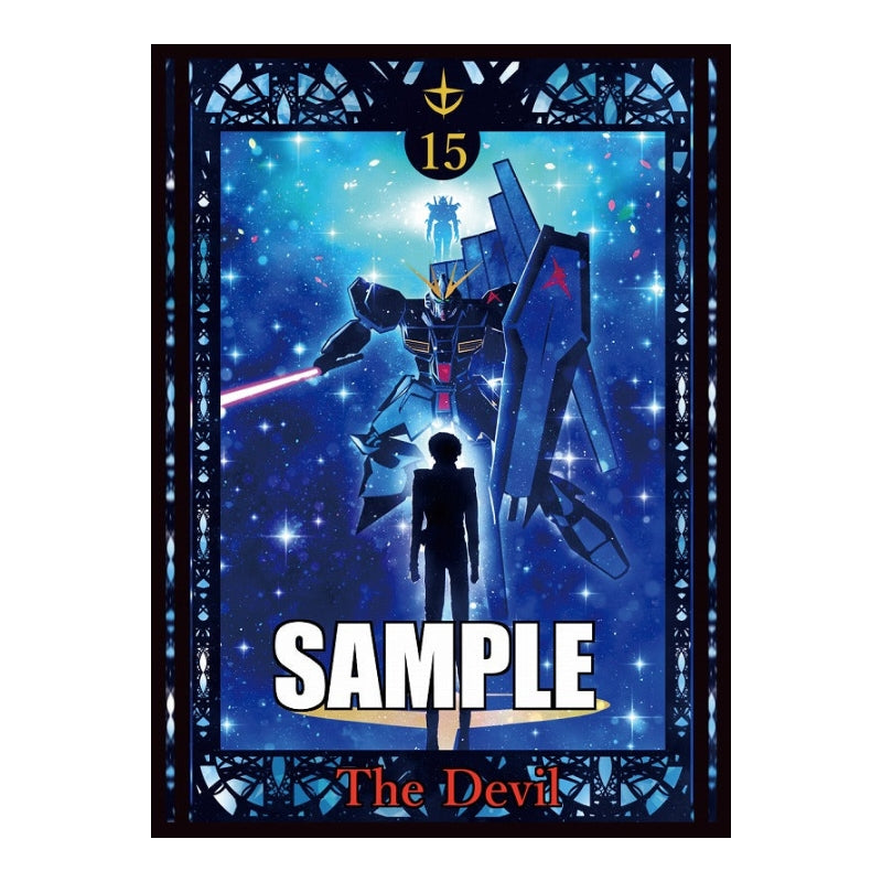 Amuro Sleeve card protector featuring a blue space-themed Gundam design in a tarot card style with The Devil label.