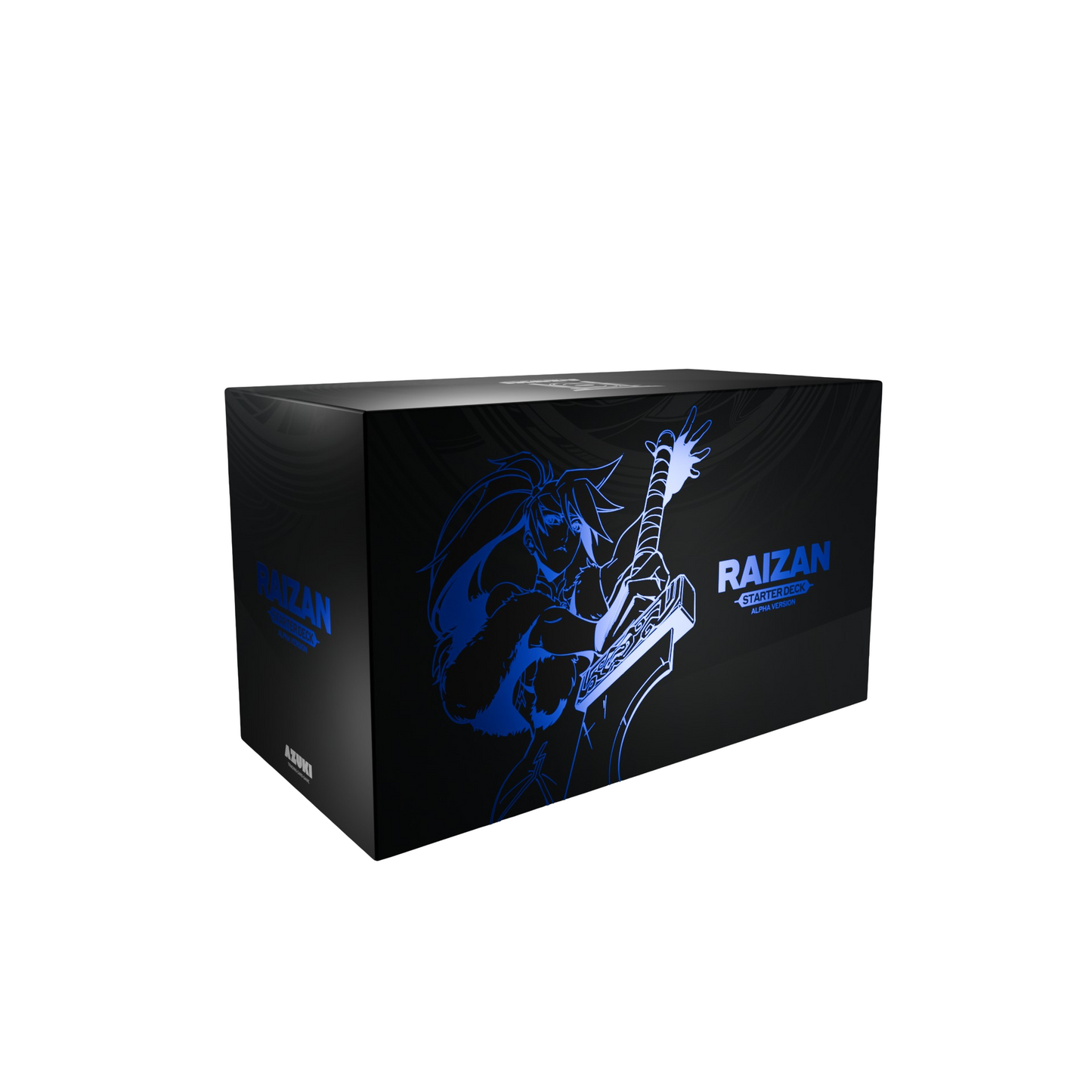 Azuki Alpha Starter Deck box in black with blue anime-style character art and Raizan branding on a rectangular package.