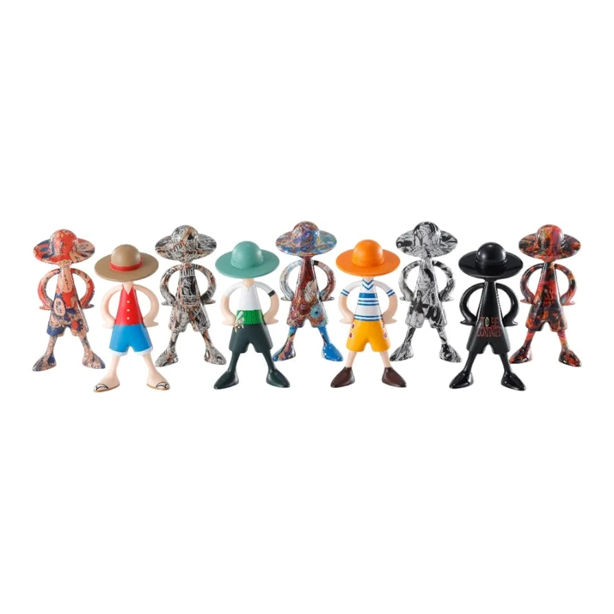 Nine 3.4-inch One Piece Luffy figures in various colorful outfits and comic-style patterns standing in a row.