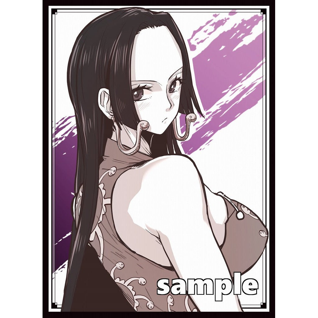 Boa Hancock card sleeve with long black hair, large gold earrings, and a purple background.