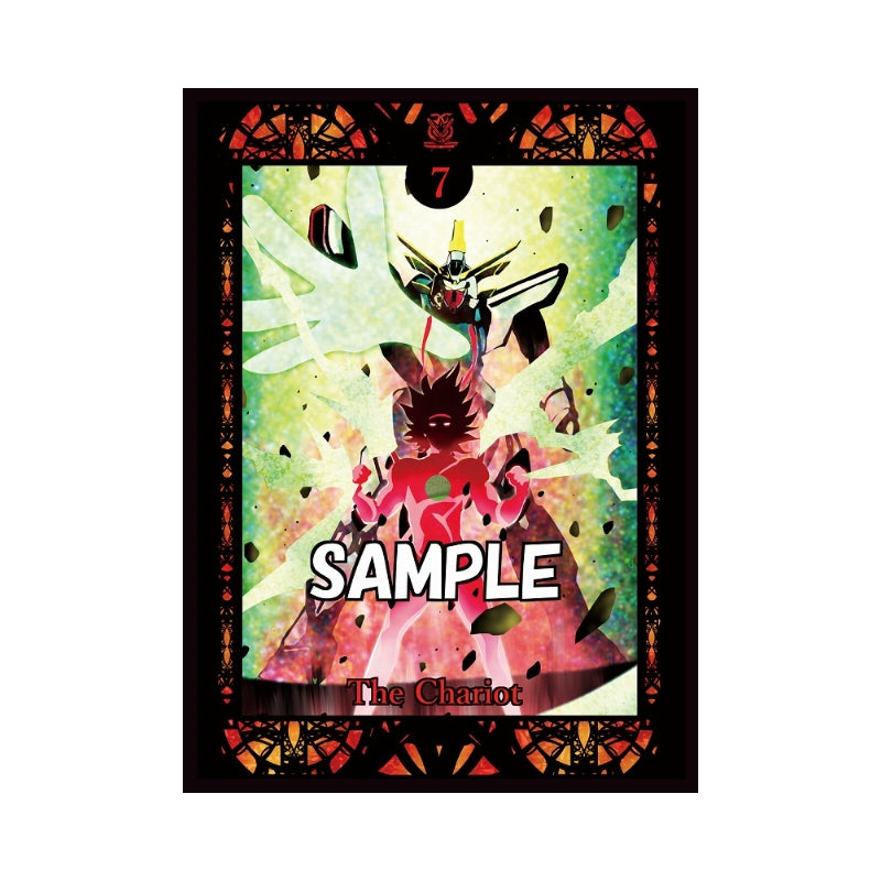 Domon Sleeve card protector featuring The Chariot tarot design with vibrant red and green anime-style artwork.