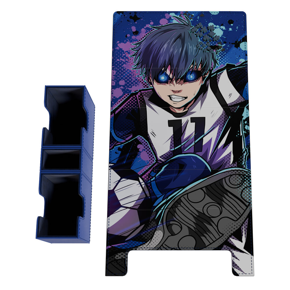 Blue vegan leather Blue Lock Egoist deck box with embroidered anime character art and two interior card slots.