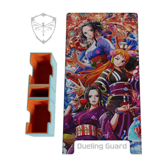 XL vegan leather deck box featuring Nami, Robin, and Boa with orange microfiber interior and removable dice tray.