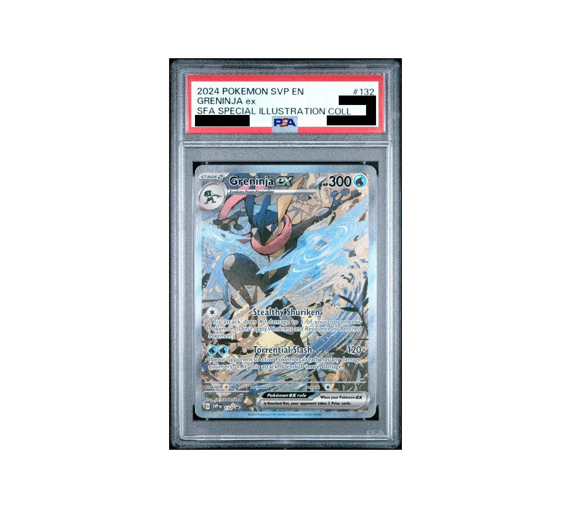 PSA graded Greninja ex Black Star Promo #132 Pokémon card featuring dynamic blue and black ninja artwork in a plastic slab.