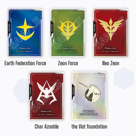 Gundam Card Game resource cards featuring Earth Federation, Zeon, Neo Zeon, Char Aznable, and Vist Foundation faction emblems.