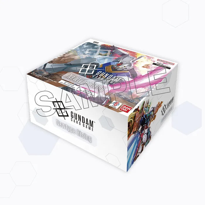 Gundam Card Game Newtype Rising booster box featuring colorful mobile suit artwork on a white display case.