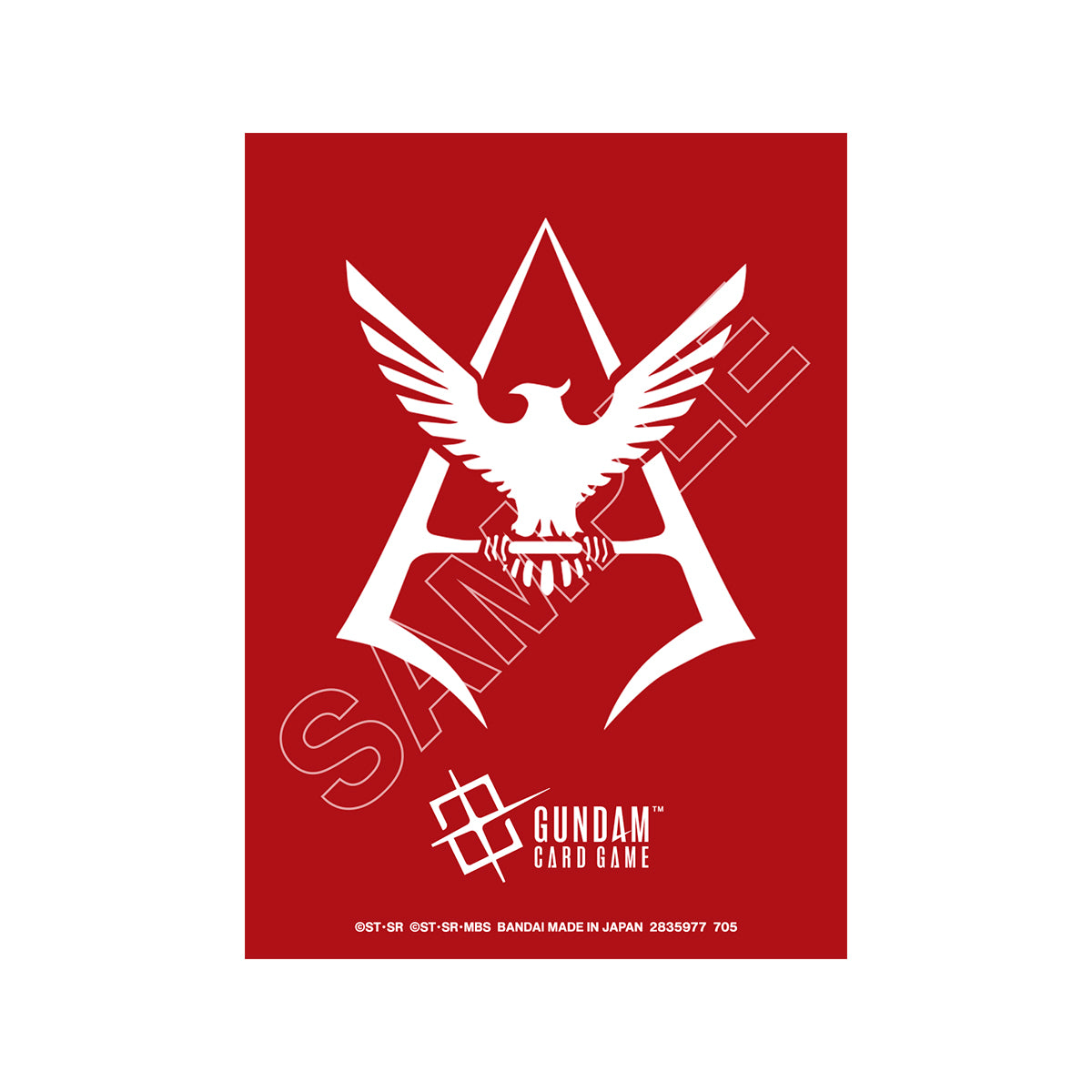 Matte red Gundam Card Game sleeve featuring a white eagle emblem and logo, designed to protect trading cards.