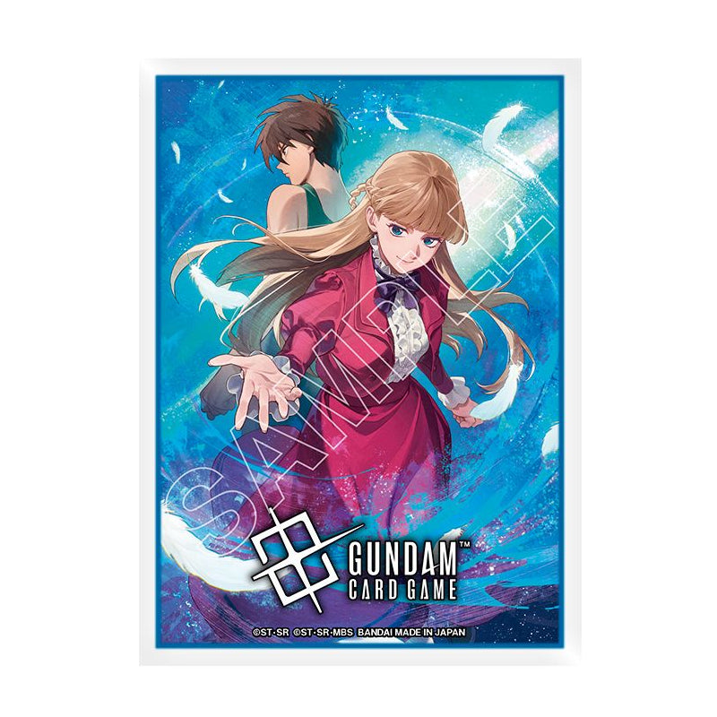 Gundam Wing protective card sleeve featuring Heero Yuy and Relena Peacecraft on a blue background with white feathers.