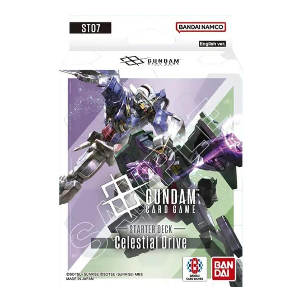 Gundam Card Game ST07 Celestial Drive starter deck box featuring a blue and purple mobile suit illustration.