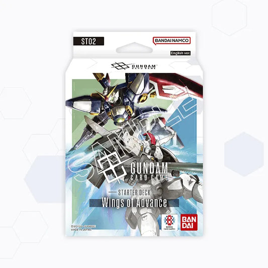Gundam Card Game ST02 Wings of Advance starter deck box featuring detailed mobile suit artwork and Bandai Namco branding.