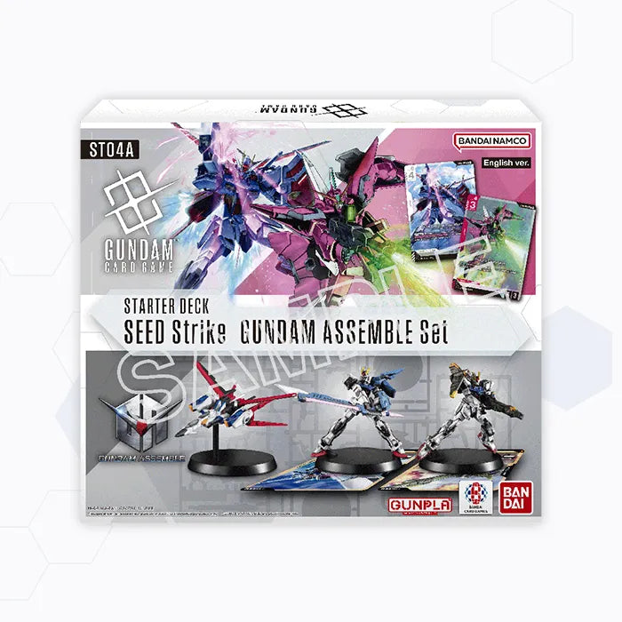 Gundam Card Game ST04A Seed Strike starter deck box featuring colorful character art, game cards, and three Gunpla miniatures.