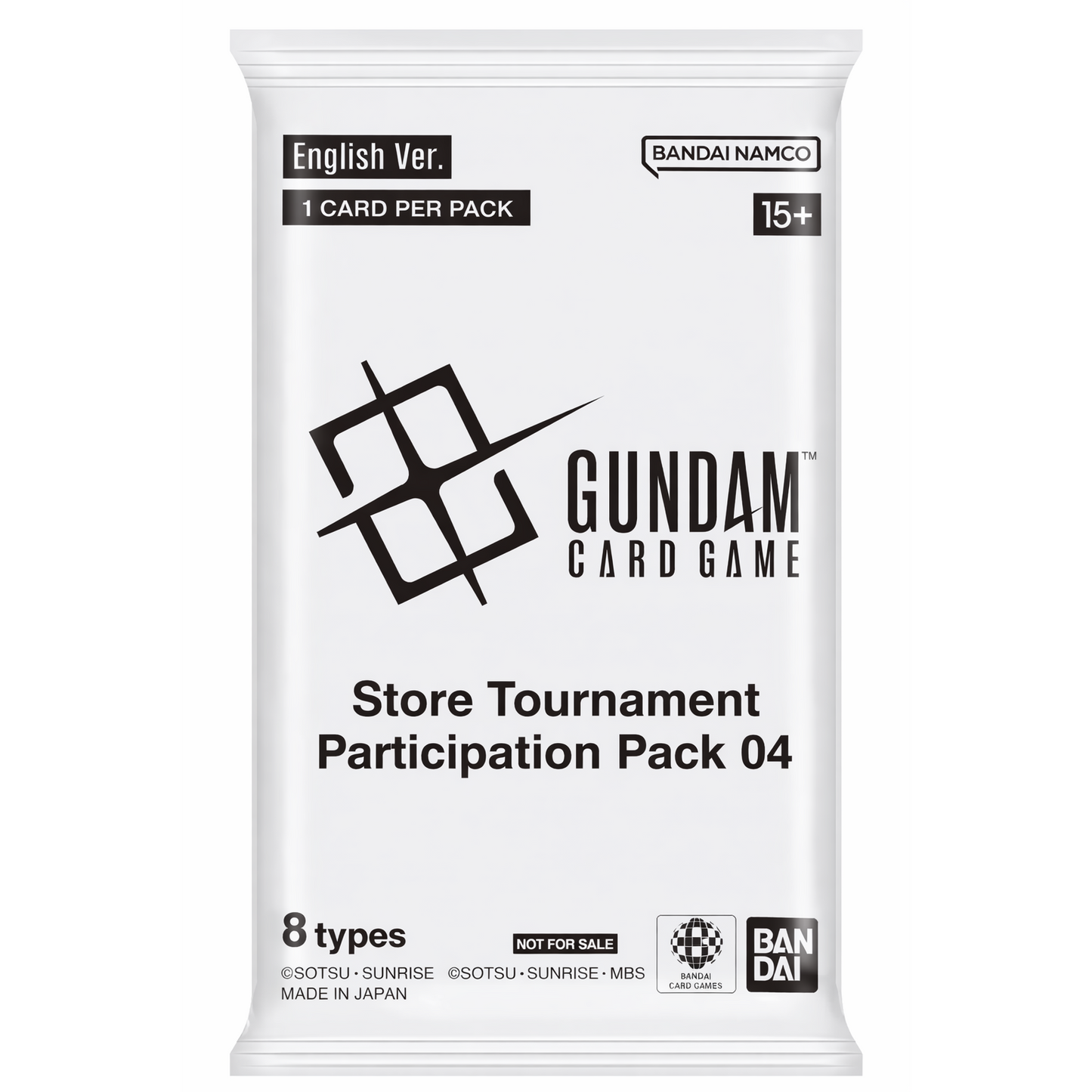 White Gundam Card Game Store Tournament Participation Pack 04 featuring black text and logos on a sealed foil wrapper.