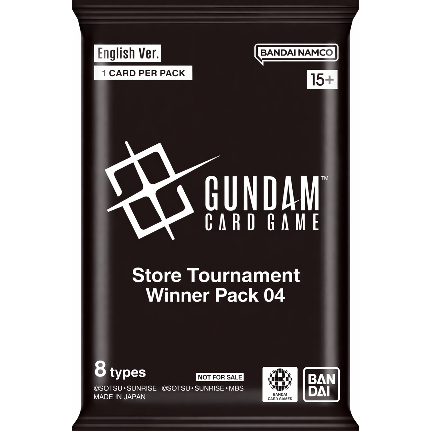 Black Gundam Card Game Store Tournament Winner Pack 04 featuring white branding, English version label, and 1 card per pack.