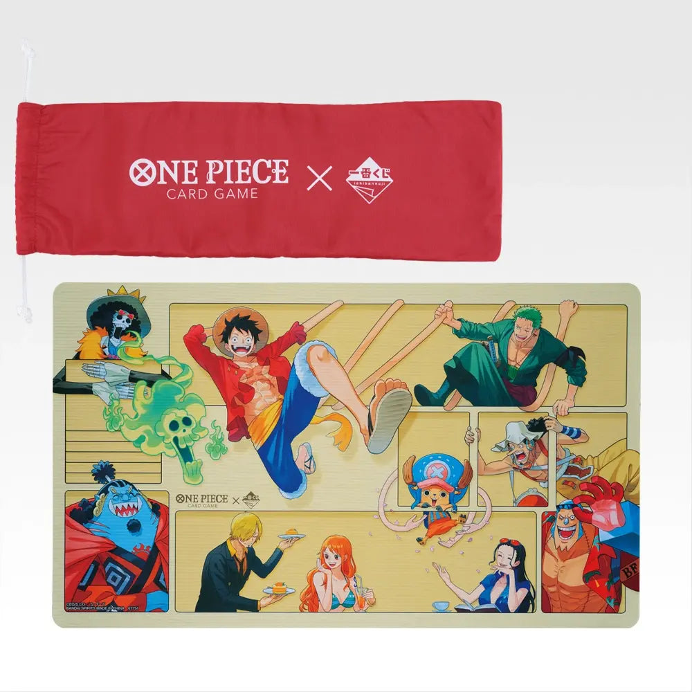 One Piece Ichiban Kuji playmat featuring Straw Hat Pirates art with a matching red storage bag, 59 x 34 cm.