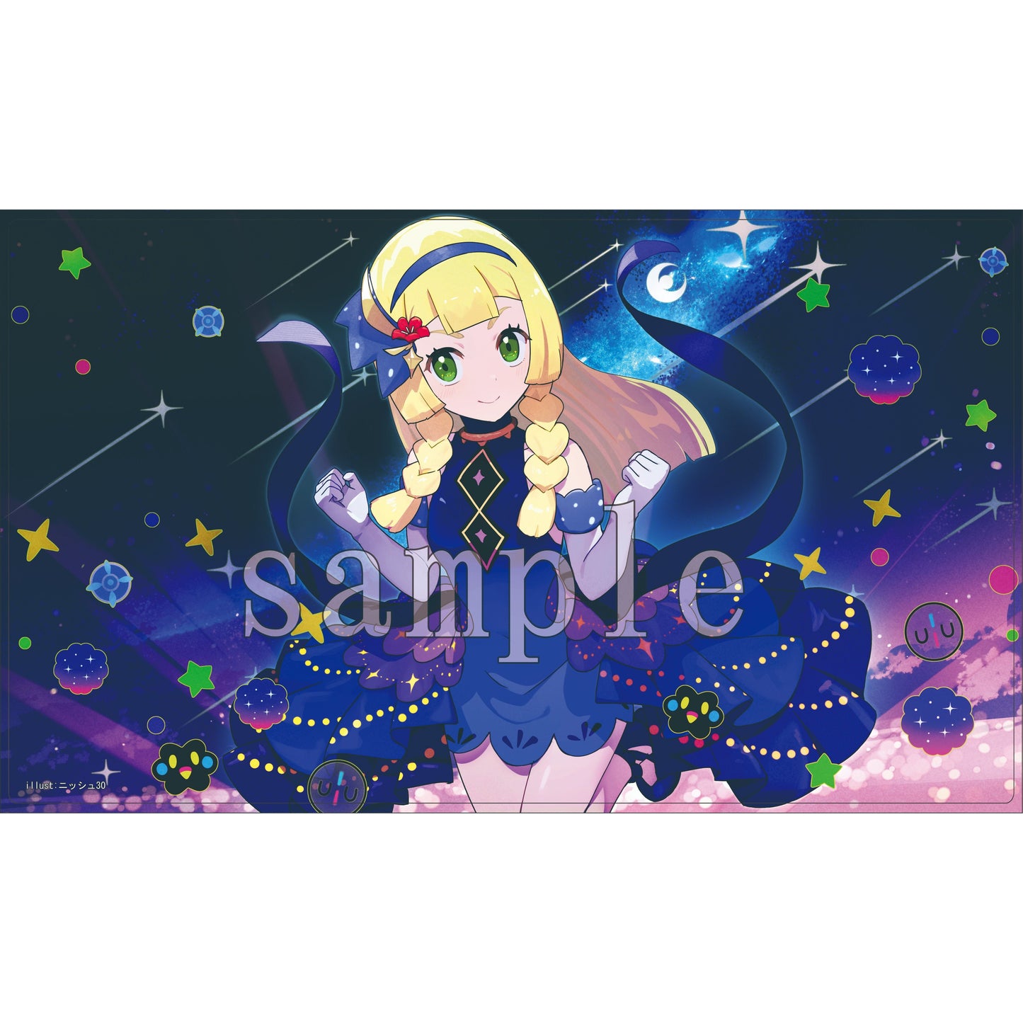 Lillie Rubber Playmat with anime girl in a blue dress against a starry night sky, 60x35cm.