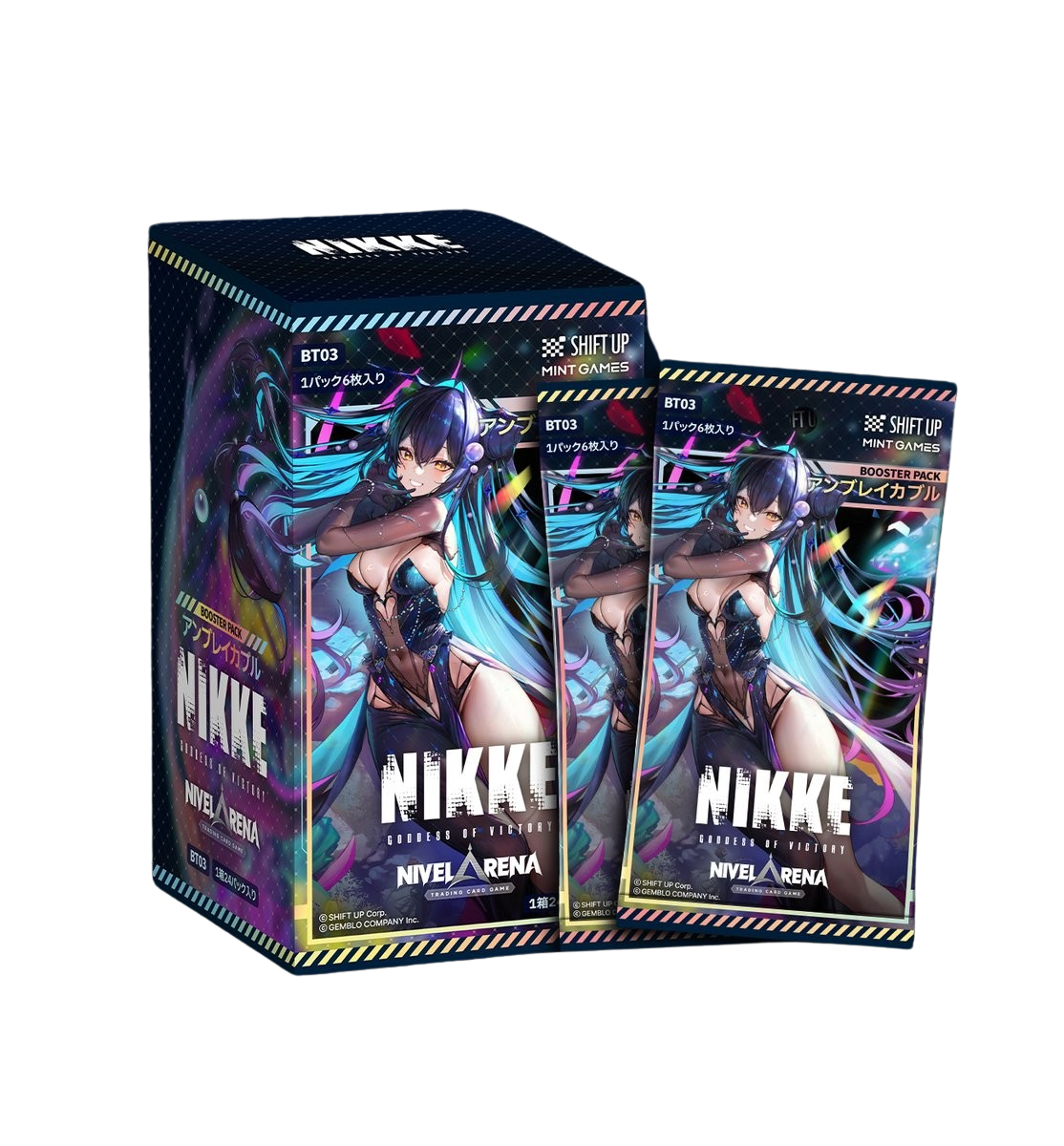 Nivel Arena Goddess of Victory Nikke Vol.3 booster box and two packs featuring anime character art in blue and purple.