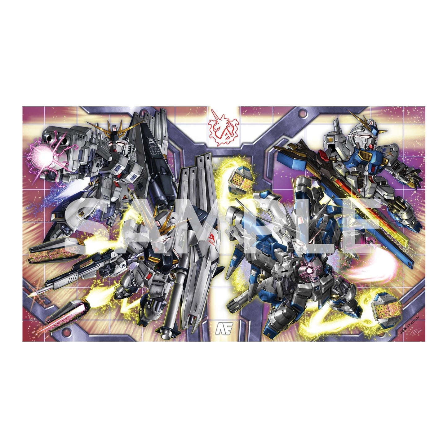 Nu Gundam rubber playmat featuring dynamic mecha illustrations on a 60x35cm polyester surface with a non-slip base.