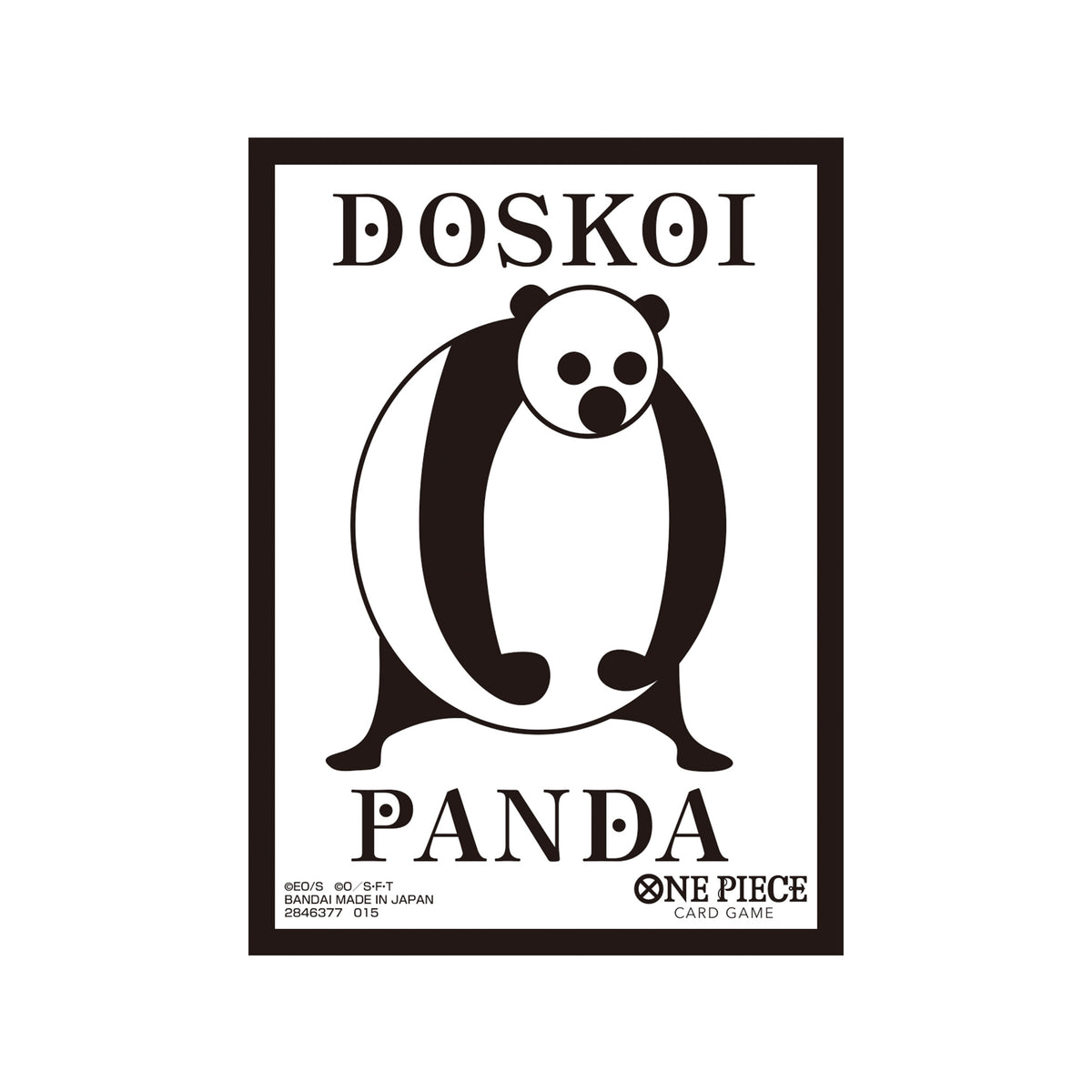 One Piece Card Game protective sleeve featuring a black and white Doskoi Panda design with official branding.