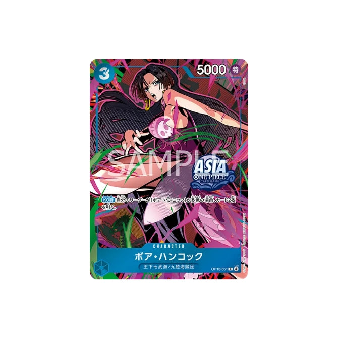 Japanese One Piece Card Game Boa Hancock OP13-051 promo card featuring vibrant purple and green stylized character art.