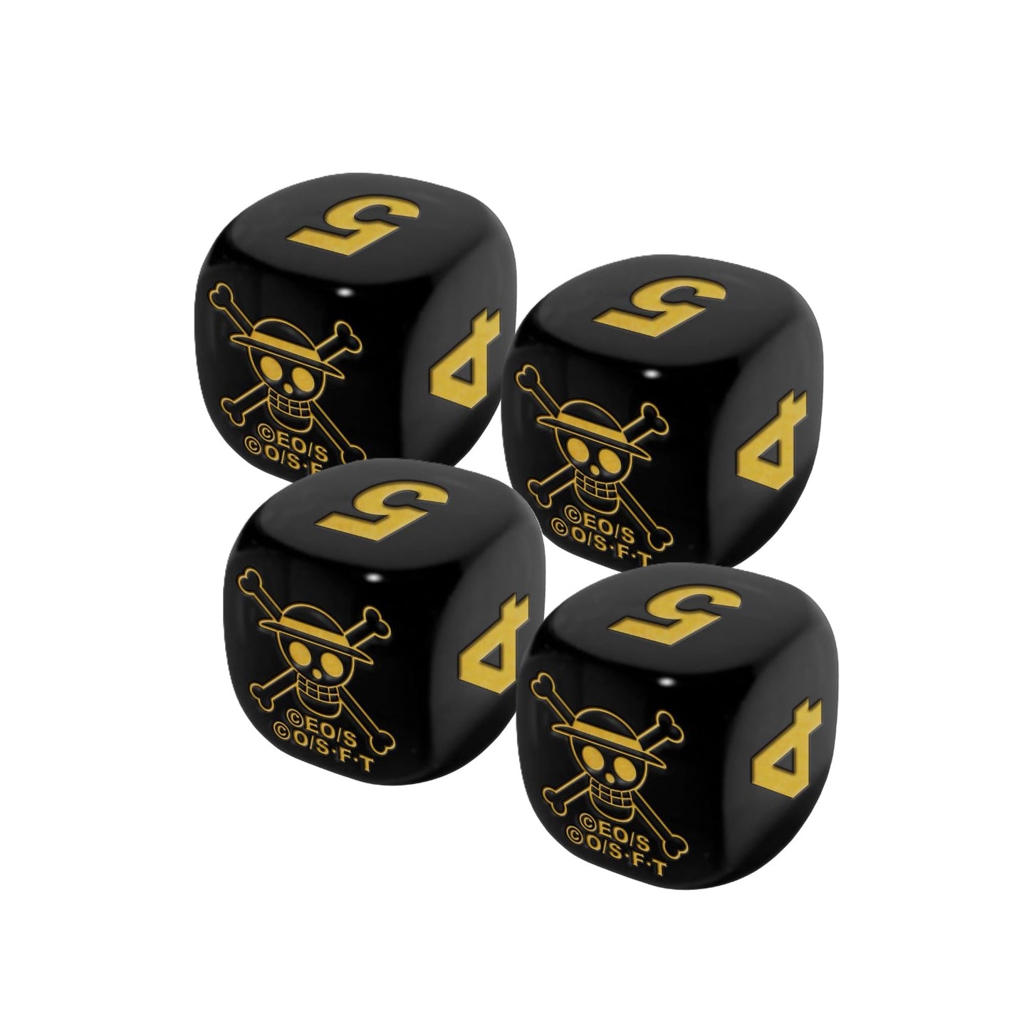 Set of four black acrylic One Piece 2nd Anniversary dice featuring gold Luffy skull and crossbones logos and number five.