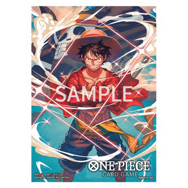 One Piece Card Game event exclusive sleeve featuring Luffy in his red shirt and straw hat, with a pirate flag.