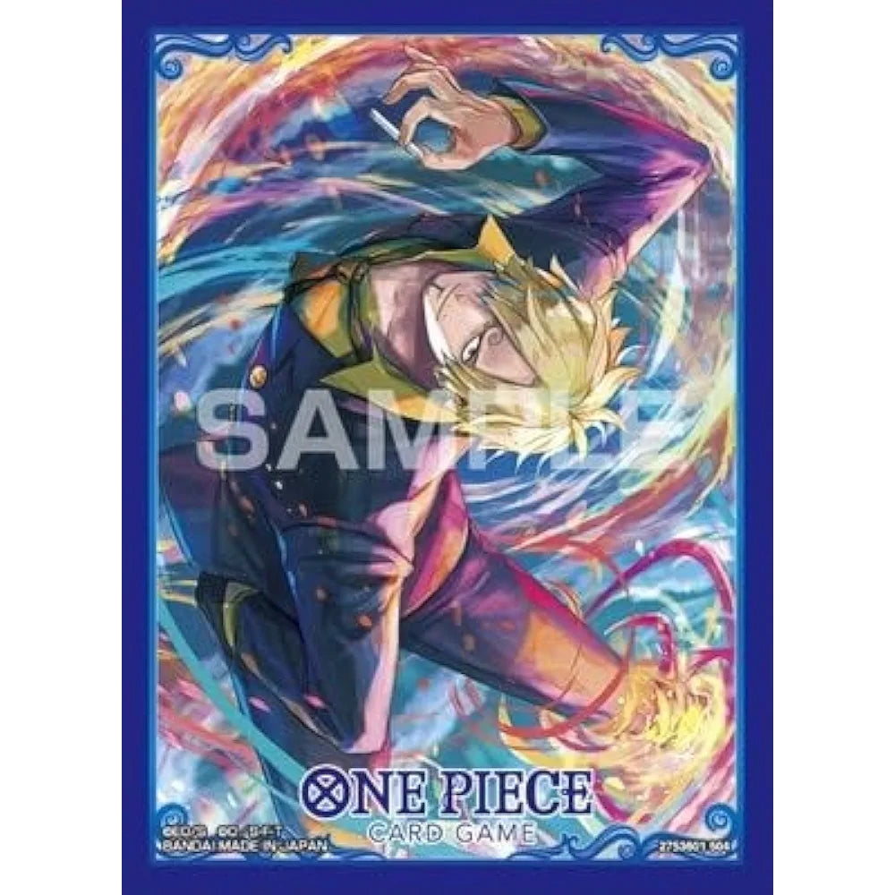 Blue One Piece Card Game Sanji sleeve, featuring the character in a dynamic pose with fiery effects.