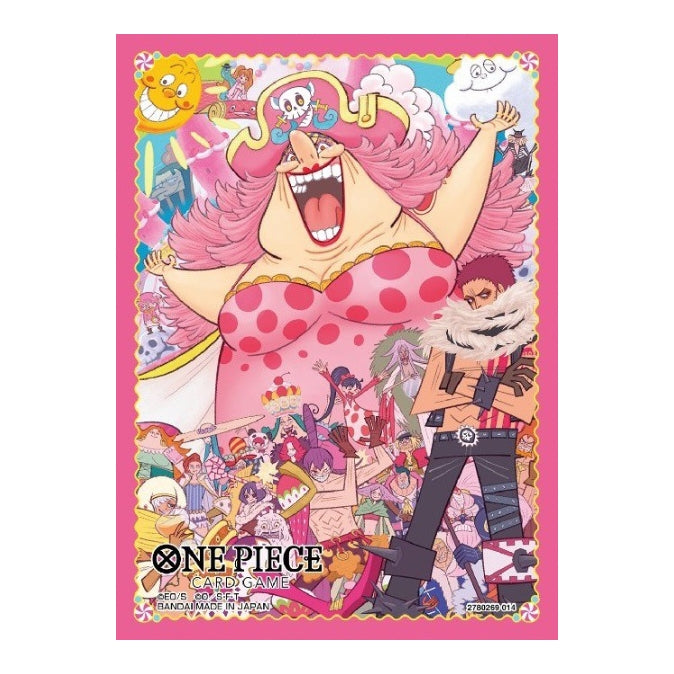 One Piece Card Game protective sleeve featuring Big Mom and Katakuri in a vibrant, colorful anime character collage.