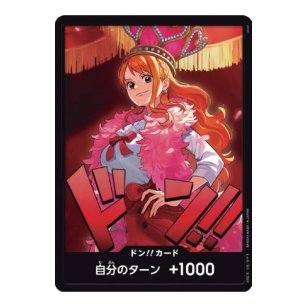Japanese One Piece Card Game Don! card featuring Nami in a pink feathered coat and crown against a red background.