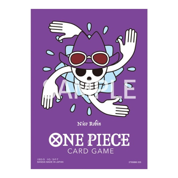 Purple One Piece Card Game matte sleeves featuring a Nico Robin-themed Jolly Roger skull design with multiple arms.