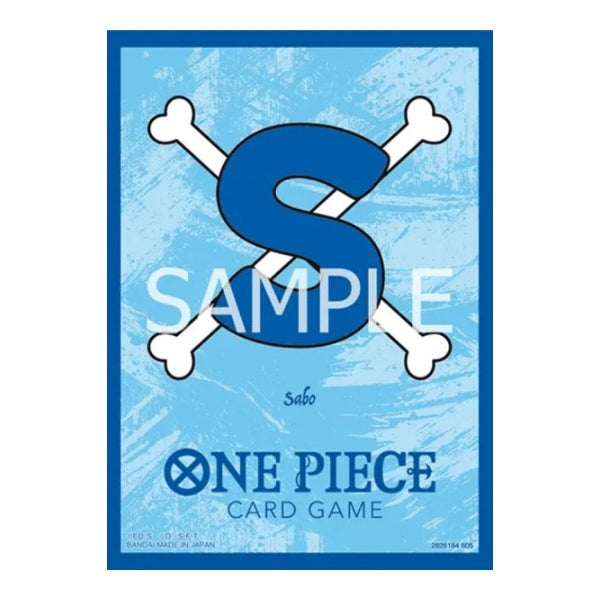 Light blue matte One Piece card sleeve featuring a dark blue Sabo Jolly Roger emblem and official logo branding.