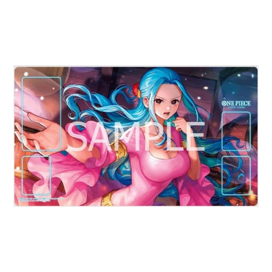 Nefertari Vivi polyester and rubber playmat, 33x61cm, featuring vibrant blue-haired character art for One Piece Card Game.