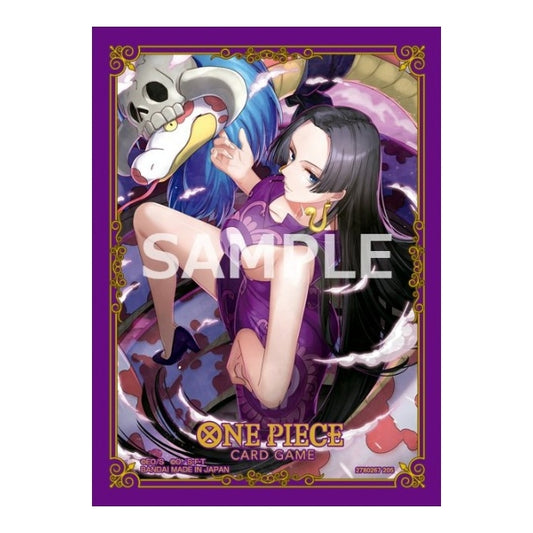 One Piece Card Game Vol. 11 protective sleeves featuring Boa Hancock in a purple frame with decorative gold borders.
