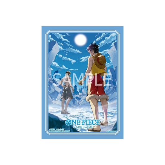 One Piece Card Game Vol. 15 protective sleeves featuring Luffy and Sabo in a blue, moonlit landscape design.