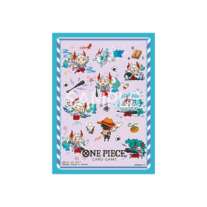 One Piece Card Game Vol. 15 protective sleeves featuring chibi Yamato and Ace illustrations on a light purple background.