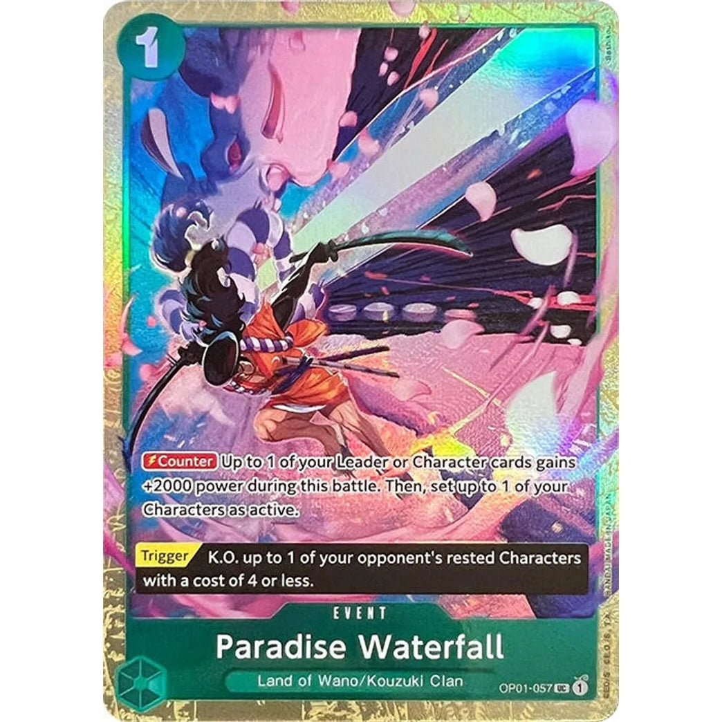 One Piece Card Game Paradise Waterfall OP01-057, featuring a dynamic anime character with a sword amidst pink and blue energy.