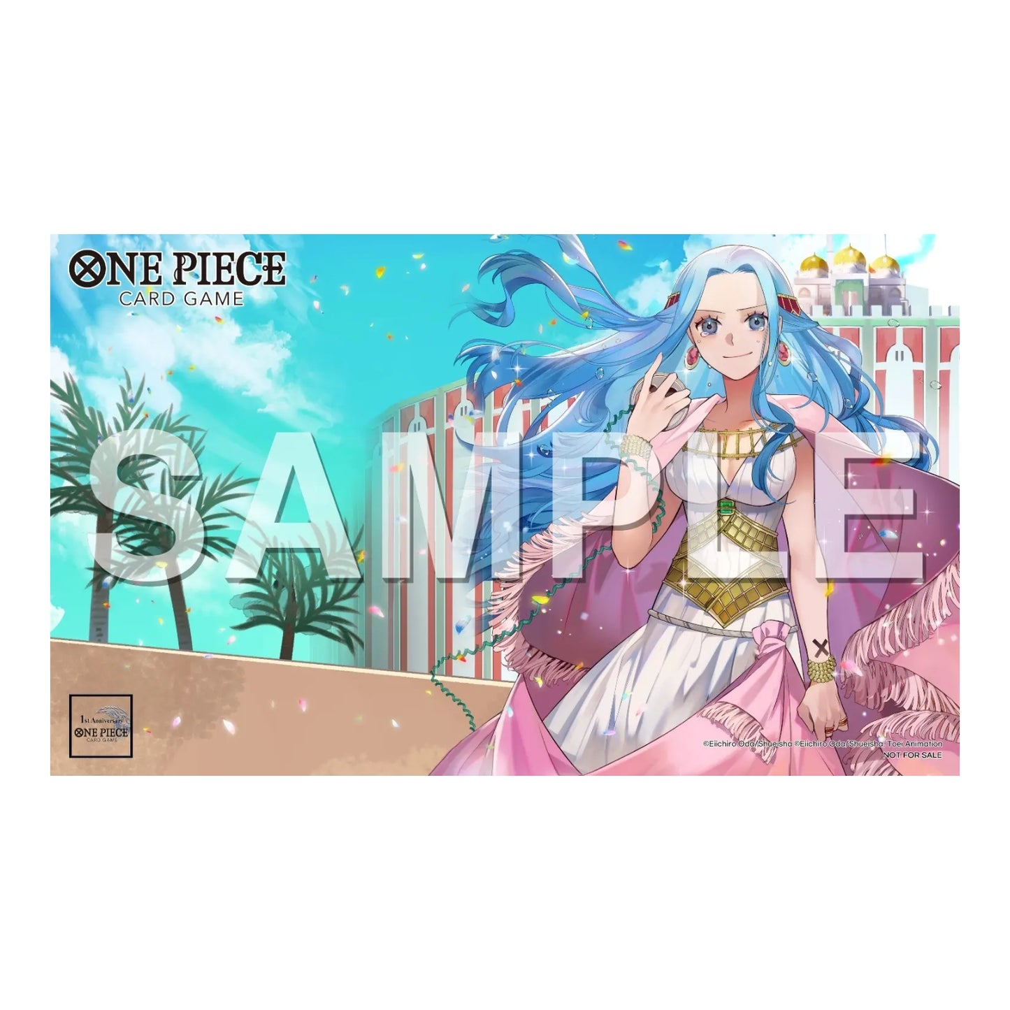 One Piece Card Game playmat featuring Vivi in a white and pink outfit against an Alabasta palace background.