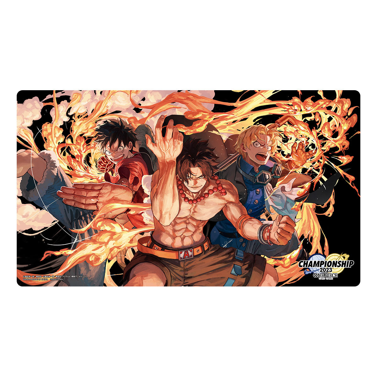 One Piece Card Game playmat featuring Ace, Luffy, and Sabo surrounded by flames, with "Championship 2023" logo.