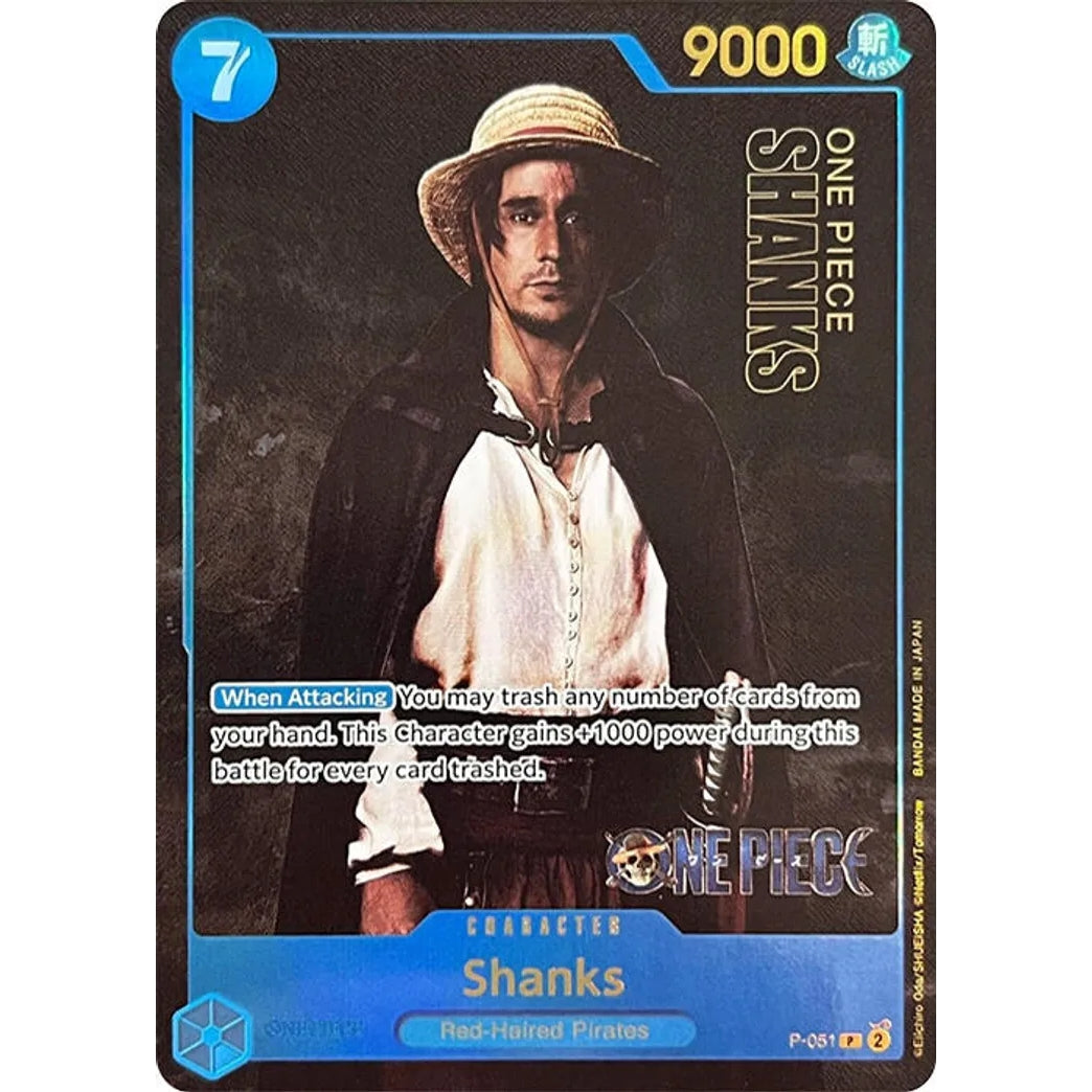 One Piece Shanks P-051 Live Action trading card featuring a man in a straw hat and black cape.