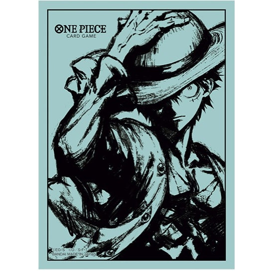 One Piece Card Game sleeve with black sketch-style Luffy on a light blue background, holding his straw hat.
