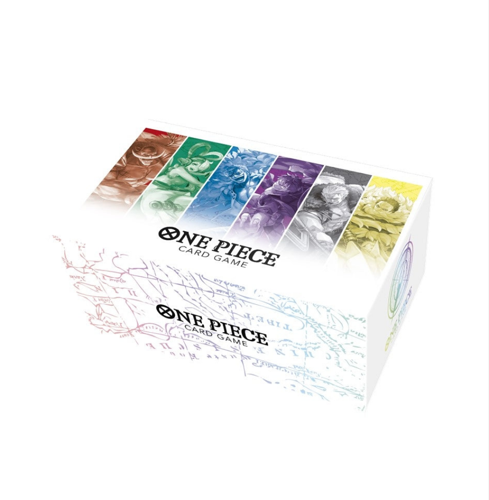 One Piece Card Game storage box featuring colorful character illustrations, a map design, and the official logo on coated cardboard.