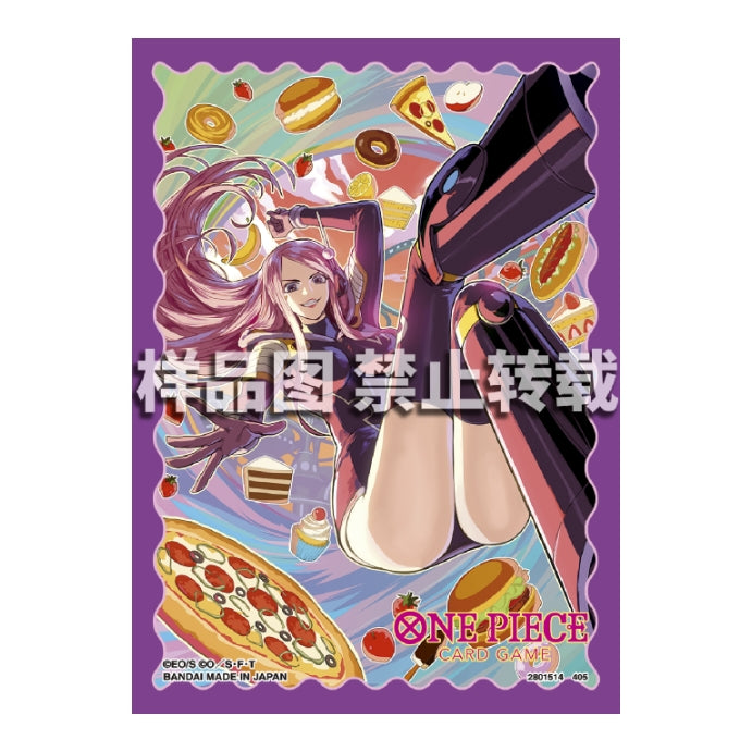 One Piece Card Game Bonney protective sleeves featuring a purple border and colorful anime art of Bonney with food.