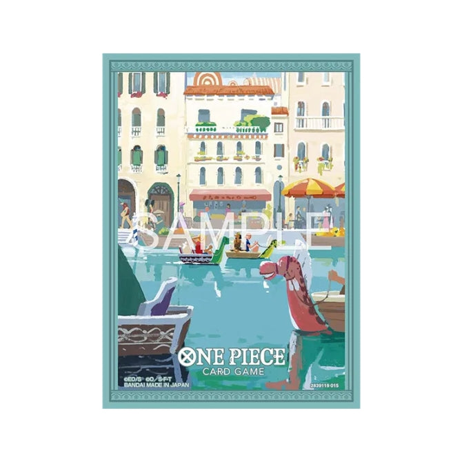 One Piece Card Game Water Seven protective sleeve featuring a scenic canal city illustration with a teal border.