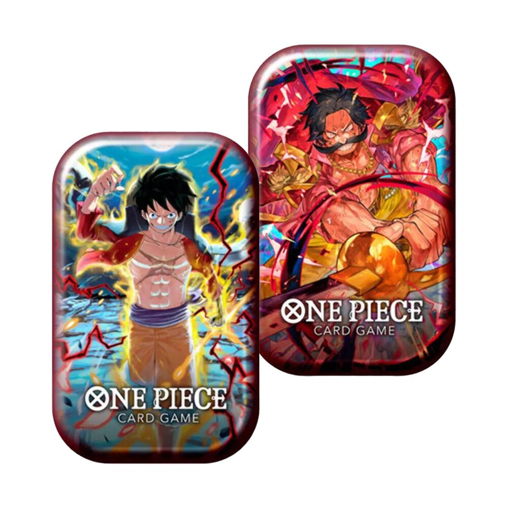 Two One Piece Card Game metal tins featuring vibrant illustrations of Monkey D. Luffy and Gol D. Roger.