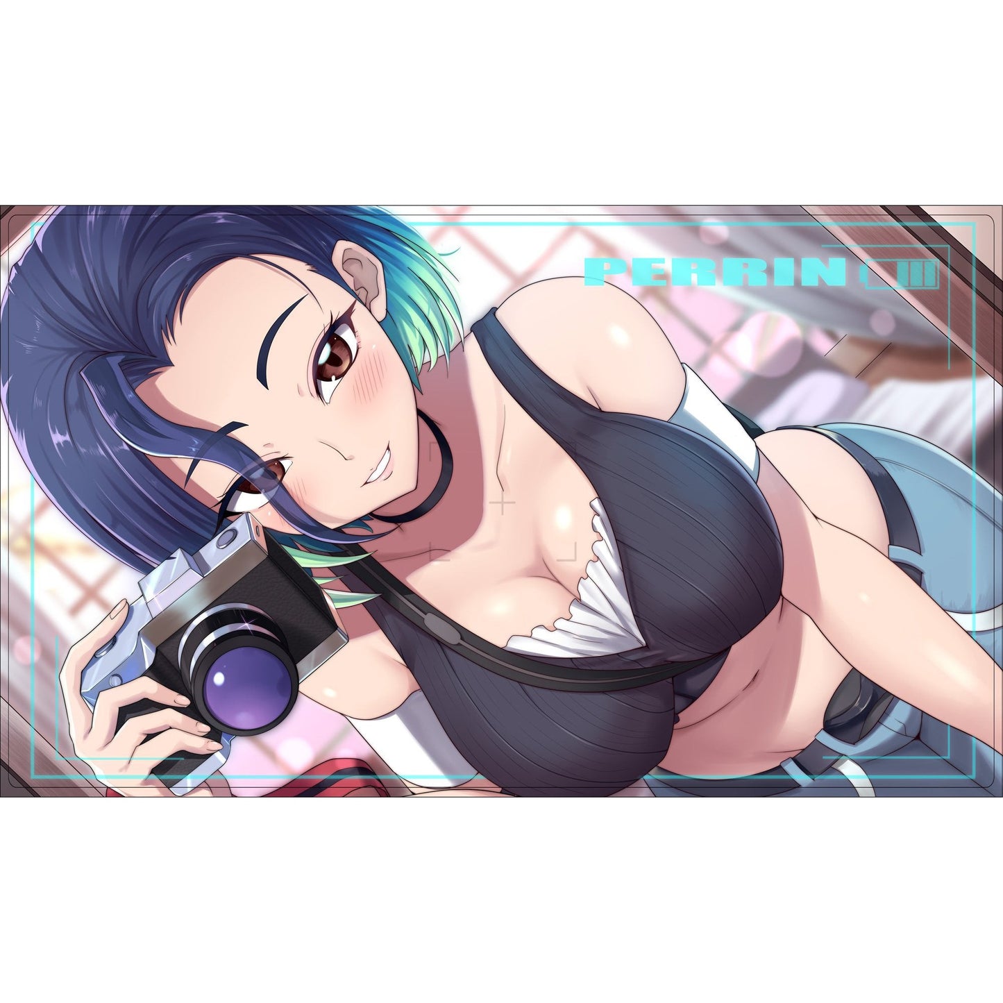 Perrin rubber playmat with anime girl holding a camera, dark blue hair with teal tips, and a black top.