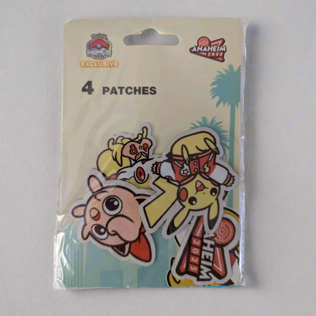 Four Pokémon 2025 World Championships adhesive patches featuring Pikachu and other characters in a plastic retail pack.