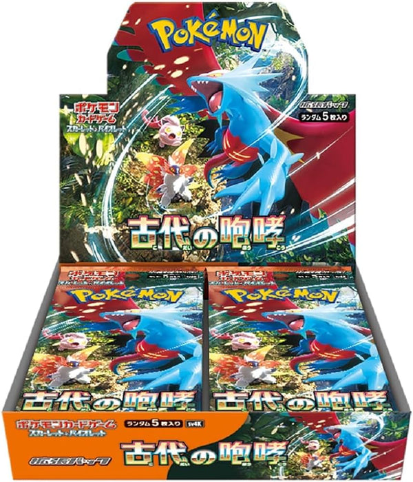 Japanese Pokémon Ancient Roar Booster Box with 30 packs, featuring blue and red Pokémon on a jungle background.