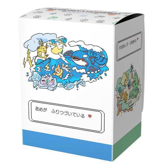 Weather Team Pokémon deck case featuring Kyogre and other Pokémon, with a white polyurethane design and text boxes.