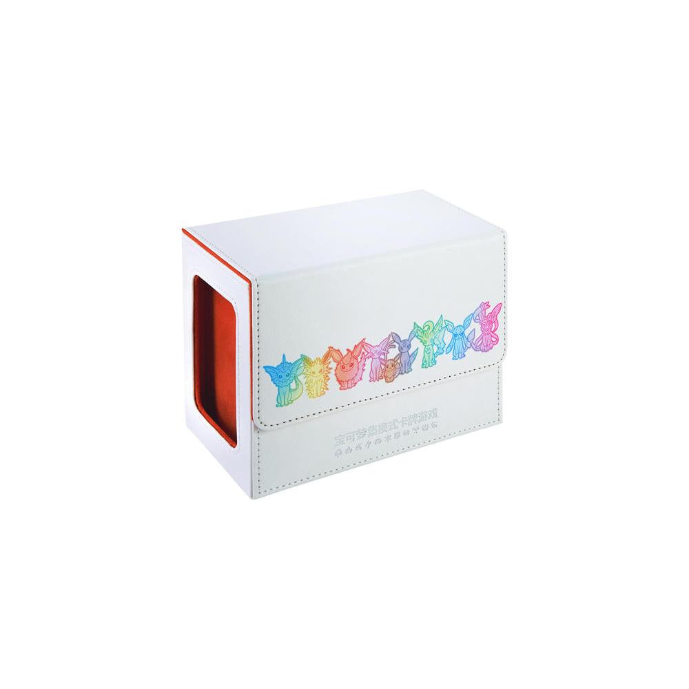 White polyurethane Pokémon flip deck case featuring colorful Eeveelution character illustrations and a magnetic closure.