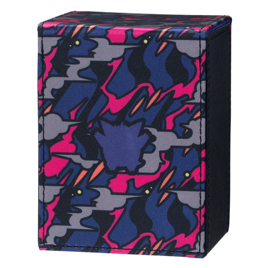 Mega Gengar flip deck case in purple, pink, and blue patterned polyurethane with a magnetic closure for card storage.